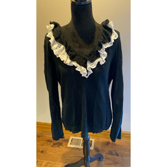 Chaps Women’s Lightweight Sweater Top Plus Size XL Navy Blue V Neck Lace Ruffle - Picture 2 of 10